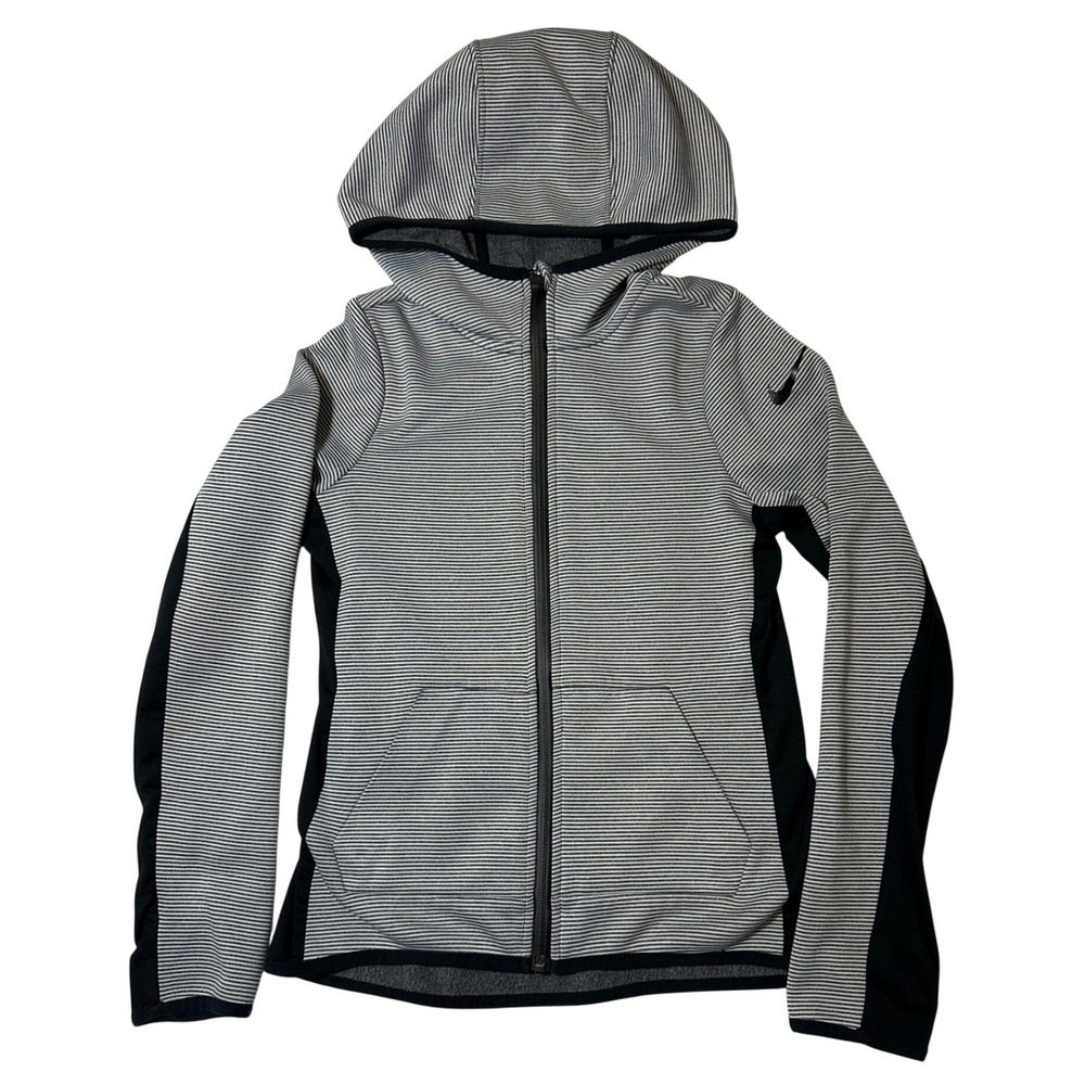 Nike‎ Dri-FIT Full Zip Hoodie Kids Girls Size M Grey White Striped Excellent